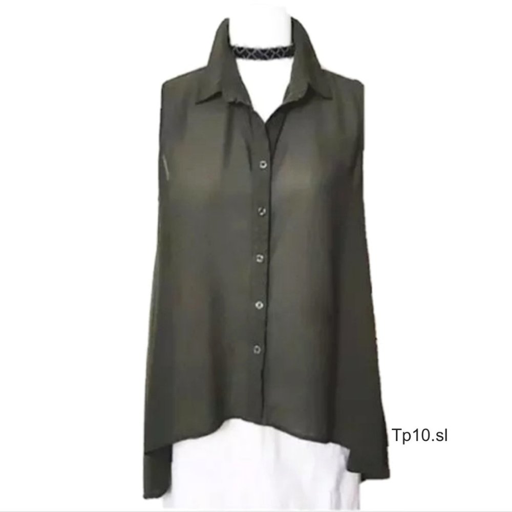 SEDUCTIONS Green Tunic Top Spread Collar Button Front Hi-low A-line Sleeveless